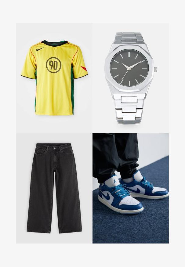 Žltý futbalový dres Nike s zelenými bočnými panelmi, čiernymi akcentmi a červeným lemovaním. Na prednej strane má guľatý čierny dizajn "90".; Čierne široké rifle s prednými vreckami, slučkami na opasok a zapínaním na gombíky, zobrazené na jednoduchom svetlom pozadí.; Nike Air Jordan tenisky majú bielu koženú základňu s modrými syntetickými akcentmi, perforovanou špičkou a modrými šnúrkami.; Strieborné analógové hodinky s osemuholníkovým puzdrom, sivým ciferníkom, striebornými hodinovými indexmi a nerezovým oceľovým remienkom. Minimalistický dizajn s hladkou textúrou.