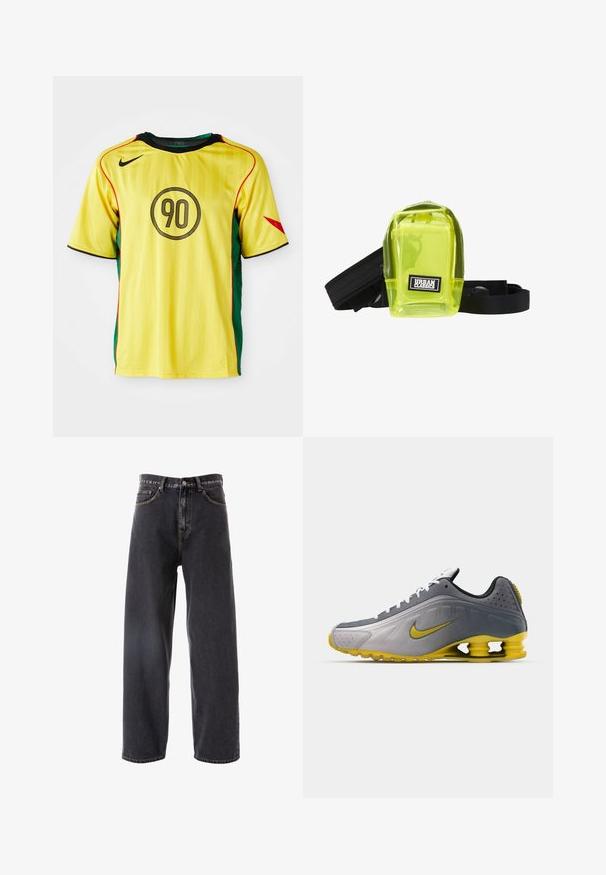 Nike gele voetbalshirt met groene zijkanten, zwarte accenten en rode details. Voorzien van een ronde zwarte "90" ontwerp op de voorkant.; Donkergrijze denim jeans met een losse, recht-toe-rechtdaarontwerp, voorzien van vijf zakken, lichte stiksels en een knoopsluiting in de taille.; Nike Sportswear SHOX R4 SE UNISEX - Sneakers laag - vast grey/bright citron/light graphite/smoke grey/white/black; Transparante neon groene tas met een ritssluitingen, zwarte bandjes en een "Urban Classics" logo patch op de voorkant. Compact en rechthoekig ontwerp.