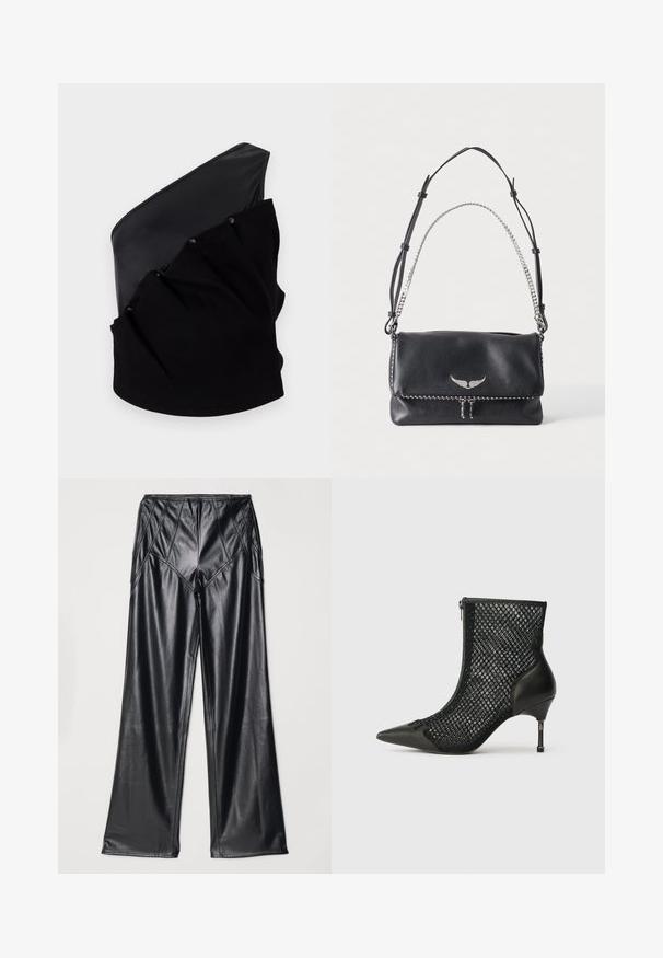 Haut asymétrique noir avec un panneau en cuir lisse et un tissu tricoté texturé, doté de détails froncés et de boutons-pression.; Pantalons en simili cuir noir avec une texture lisse, des jambes larges et des coutures le long de la taille et des côtés. Présentation à plat.; Bottines noires avec un bout pointu, des côtés en maille, un contrefort en cuir et un talon aiguille fin avec un détail métallique géométrique.; Sac à bandoulière en cuir noir avec emblème d'aile argenté, sangle en cuir réglable et poignée chaîne argentée sur fond uni.