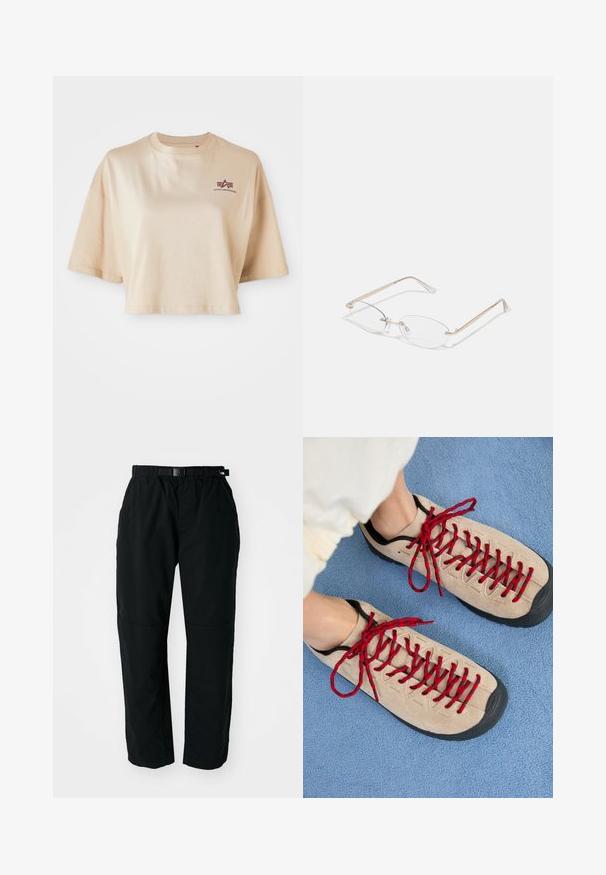 Khaki värvi lühikeste varrukatega puuvillane lühike t-särk, ümara kaelusega ja tumepunase logo graafikaga vasakul rinnal.; Mustad mustad püksid elastse vöökoha ja reguleeritava vöömisega. Omavad kitsenevaid jalgu ja tugevdatud põlvepaneele vastupidavuse tagamiseks.; Beezhikirid punased nööridega, paigutatud sinisele tekstureeritud pinnale, osaliselt paljastavad inimese pahkluu. Kingad on sportliku disainiga.; Kuldne metallist prillid ovaalsete läätsede, kitsaste sanga ja selgete nina padjadega. Omab tagasihoidlikke hinge aktsente ja läbipaistvaid läätsi.