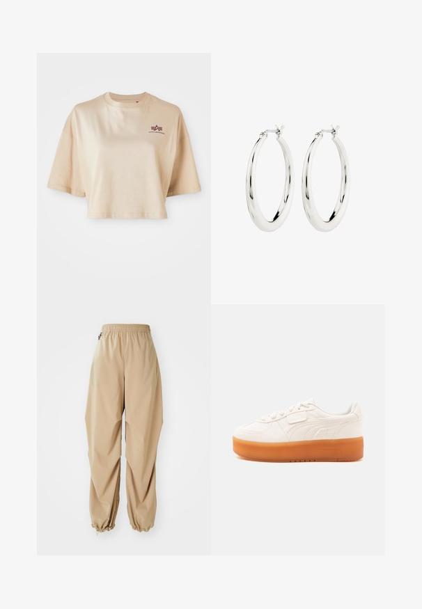 Khaki värvi lühikeste varrukatega puuvillane lühike t-särk, ümara kaelusega ja tumepunase logo graafikaga vasakul rinnal.; Beežid kerged püksid elastse vöökohtaga, kitsenevate sääreotsadega ja sileda tekstuuriga. Püksid on lõdva lõikega ning neil ei ole nähtavaid mustreid ega kaunistusi.; Valged madala säärega spordijalatsid paela- ja takjapaelaga, millel on paks helepruun tald ja peened külgõmblused.; Hõbedased rõngaskõrvarõngad siledast ja läikivast viimistlusest. Ringikujuline, sisaldab kindlat kinnitust. Lihtne ja elegantne disain.