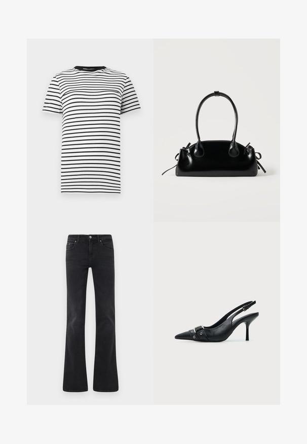 Sort-hvid stribet t-shirt lavet af blødt stof. Har en rund halsudskæring og korte ærmer, med jævnt fordelte vandrette striber.; Sorte flagrende jeans lavet af denim, med et klassisk fem-lomme design, knaplukning og subtile sømdetaljer.; Sort læder højhælet sko med spidst tåparti, slingback og rem med spænde og nitter foran.; Lille sort blank håndtaske med to lange håndtag og snøre-detaljer i siden på en ensfarvet lys baggrund.