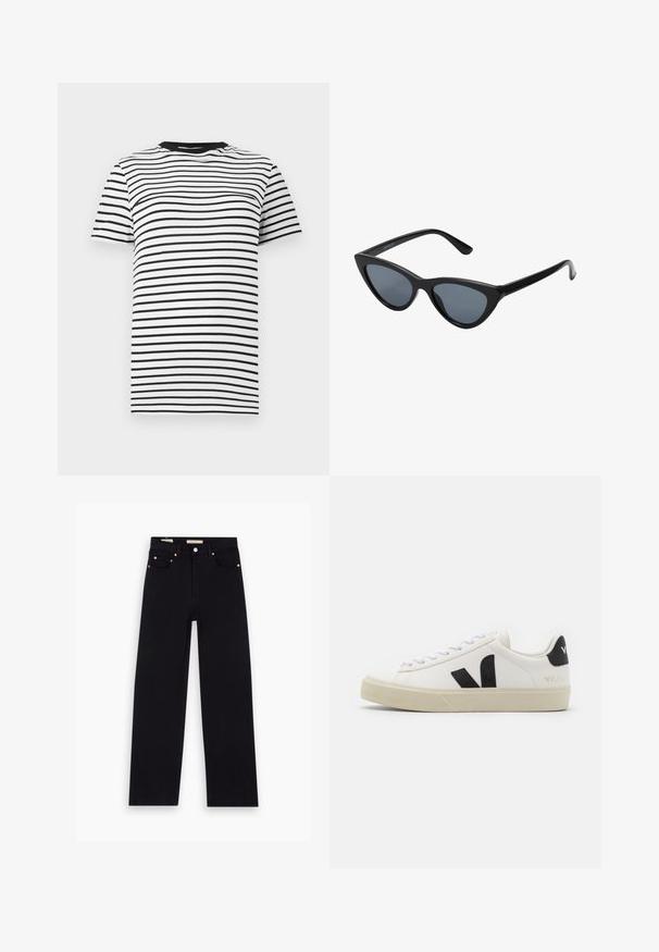 Camiseta de rayas en blanco y negro hecha de tejido suave. Presenta un cuello redondo y mangas cortas, con rayas horizontales de separación uniforme.; Jeans de mezclilla negros con corte recto, cinco bolsillos, herrajes de cobre y una textura suave. Dos etiquetas visibles en la cinturilla.; Zapatilla de cuero blanca con logo V de goma negra. Suela texturizada en blanco roto, cordones blancos y detalle en el talón trasero con el nombre de la marca en negro.; Gafas de sol negras en forma de ojo de gato con lentes gris oscuro, marco de plástico elegante, esquinas puntiagudas y patillas rectas. Sin herrajes ni acentos visibles.