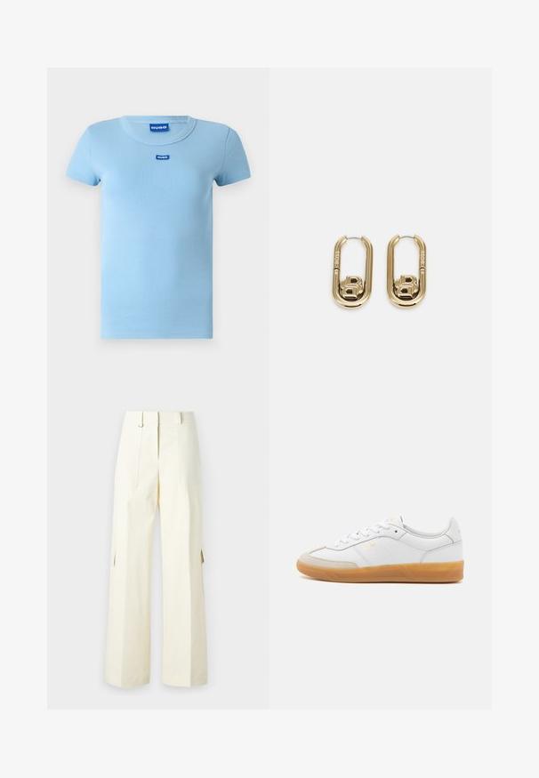 T-shirt bleu clair à côtes avec un col rond et des manches courtes. Présente un petit logo bleu sur la poitrine. Texture lisse.; Pantalons cargo à jambes larges en tissu crème clair, dotés de poches à rabat, d'une taille haute et de fentes latérales pour un détail et une fonctionnalité supplémentaires.; Baskets en cuir blanc avec des accents en suédine beige, semelle en caoutchouc gomme et design à lacets. Présente un logo discret en doré.; BOSS DOUBLE B SWING - Boucles d'oreilles - gold-coloured