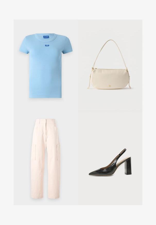 T-shirt bleu clair à côtes avec un col rond et des manches courtes. Présente un petit logo bleu sur la poitrine. Texture lisse.; Pantalons cargo rose clair en coton, avec une coupe droite, deux poches latérales et une taille avec des détails élastiques.; Chaussure slingback en cuir noir à bout pointu avec un talon bloc haut et une doublure intérieure beige sur un fond clair uni.; Petit sac à épaule de couleur crème avec une seule sangle, fermeture éclair et logo de marque doré discret à l'avant.