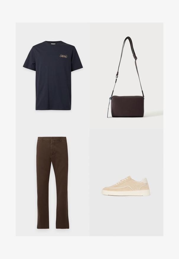 T-shirt bleu marine foncé à manches courtes avec col rond et petit logo beige "Les Deux" sur la poitrine gauche.; CLOSED CLIFTON TRUE - Chino - espresso brown; Baskets en daim beige avec semelle et lacets blancs, design basse, et motif de semelle en zigzag.; Sac bandoulière en cuir marron foncé texturé avec une sangle réglable et un petit accent décoratif bleu sur le côté.