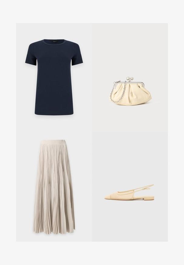 T-shirt en coton bleu marine à manches courtes avec col rond, présenté à plat sur un fond blanc.; Longue jupe beige plissée avec taille élastique, tissu fluide et longueur complète.; Chaussure plate slingback en beige clair avec une tige en maille, un bout pointu et un petit talon. Dotée d'une sangle ajustable pour un bon maintien.; Pochette en cuir beige plissé avec un cadre en métal argenté, dotée de deux fermoirs ronds décoratifs et d'une chaîne en argent.
