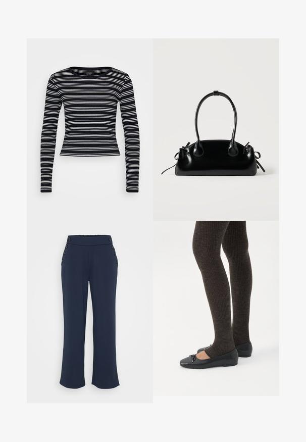 Camiseta de manga larga a rayas en blanco y negro con cuello redondo y un diseño ajustado. Fabricada en tejido acanalado con una textura suave.; Pantalones azul marino de pierna ancha, cintura alta y botones negros decorativos en ambas caderas.; Piernas con leggings oscuros acanalados combinados con bailarinas negras que presentan pequeños detalles de lazo sobre un fondo blanco.; Pequeño bolso negro brillante con dos asas largas y detalles de cordón lateral sobre un fondo claro liso.