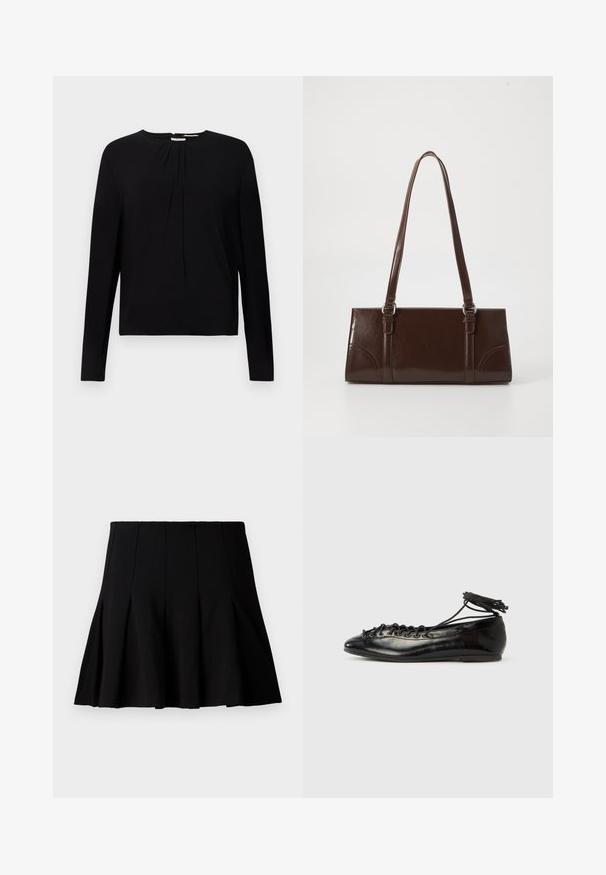 Haut noir à manches longues avec une texture côtelée, encolure ronde et détails plissés à l'avant, offrant une coupe décontractée.; Jupe noire courte plissée en tissu lisse. Dispose d'une taille élastique et d'une silhouette évasée qui s'étend jusqu'au milieu de la cuisse.; Ballerines en cuir verni noir avec un bout rond, un design à lacets et une semelle plate. Texture lisse avec peu de détails.; Sac à main en cuir verni marron de forme rectangulaire, avec deux longues poignées et des accents courbés subtils à l'avant.