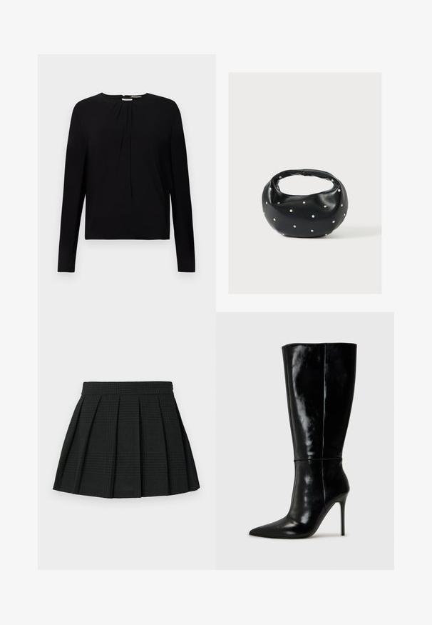 Top negro de manga larga con textura acanalada, cuello redondo y detalles plisados en la parte frontal, que ofrece un ajuste relajado.; Falda corta de pliegues negra hecha de tela texturizada. Presenta una cinturilla y un sutil patrón de cuadros en toda la prenda. Longitud corta con pliegues en capas.; Botas de cuero negro hasta la rodilla con punta afilada y tacón alto de aguja. Textura suave y diseño elegante, con detalles mínimos.; Bolso de mano de cuero negro con forma redondeada, decorado con detalles de tachuelas plateadas y un asa corta. Textura lisa y cierre con cremallera.