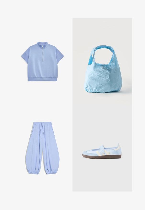 Haut bleu clair à manches courtes avec un col montant et une fermeture éclair à moitié devant. Fabriqué en matériau doux avec une texture lisse et un ourlet côtelé.; Pantalon ample bleu clair avec taille élastique et poignets aux chevilles, présentant un motif à carreaux discret et un cordon à la taille.; Baskets bleu clair avec une sangle à velcro, des bandes crème sur les côtés, tige en tissu souple, semelle en caoutchouc marron texturée.; Sac de courses réutilisable bleu clair avec de larges poignées, tissu légèrement froissé, debout sur un fond blanc uni.