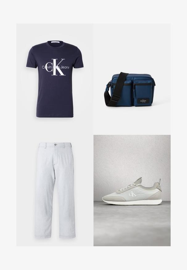 Mørkeblå T-shirt med korte ærmer med stort hvidt "cK" og "Calvin Klein Jeans" logo centreret foran.; Lys grå, lige ben bukser lavet af tekstureret stof. Har en frontlukkefunktion med knap og bæltestropper. Ingen synlige mønstre eller accenter.; Hvid og beige snøresneaker med "ck"-logo på siden, vist i luften mod en sløret moderne baggrund af glas og beton.; Mørkeblå messenger taske med to frontlynlås lommer, en sort justerbar rem og et logo patch. Fremstillet af glat, holdbart materiale.