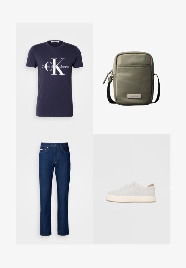 Donkerblauw T-shirt met korte mouwen en groot wit "cK" en "Calvin Klein Jeans" logo in het midden aan de voorkant.; Donkerblauwe spijkerbroek met een rechte pijpdesign, voorzien van een rits en knoopsluiting, vijf zakken en subtiele stikseldetails.; Lichtgrijze sneakers met een glad synthetisch bovenwerk, ronde neus en een gestructureerde crème tussenzool. Lichte tan accenten op de hak.; Compact olijfgroene crossbodytas met voorvak, zwarte verstelbare band, ritssluiting en Calvin Klein logoplaatje.