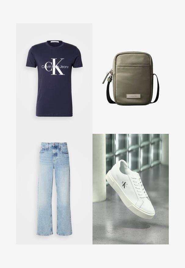 Mørkeblå T-shirt med korte ærmer med stort hvidt "cK" og "Calvin Klein Jeans" logo centreret foran.; Lysblå vide jeans med høj talje, der har en falmet finish, bæltestropper og klassisk fem-lomme design. Kantene er rå.; Hvid Calvin Klein sneaker med snørebånd, vist svævende over en poleret betongulv og en baggrund af glasblokke.; Kompakt korsbodytaske i olivengrøn med forlomme, sort justerbar rem, lynlåslukning og Calvin Klein logo-plakette.