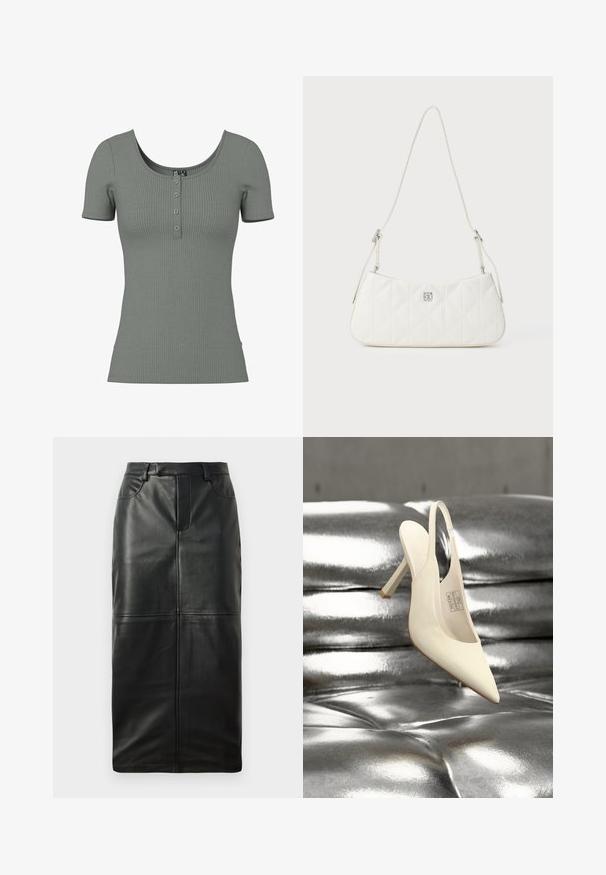 Grünes, geripptes kurzärmliges Oberteil mit einem Rundhalsausschnitt und einer Knopfleiste mit drei Knöpfen. Weiche Textur und taillierte Form; dezente horizontale Rippung.; Schwarze Leder-Bleistiftrock mit hoher Taille, verdecktem Reißverschluss und Fronttaschen, mit glatter Textur und Nahtdetails.; Weißer Slingback-Pumps mit spitzer Zehenpartie, präsentiert vor einem glänzenden silbernen gepolsterten Hintergrund.; Weiße gesteppte Handtasche mit glatter Textur, versehen mit einem silbernen Logo-Akzent und einem dünnen, verstellbaren Tragegurt. Elegante, geschwungene Form.