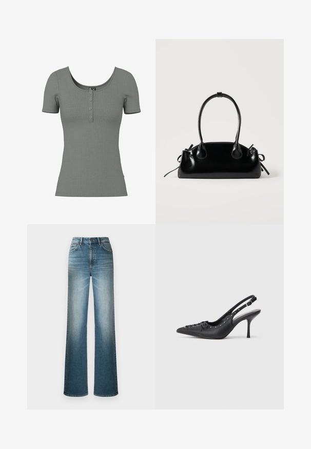 Haut vert à manches courtes côtelé avec un col dégagé et une patte de boutonnage à trois boutons. Texture douce et coupe ajustée ; détail de côtelure horizontale subtile.; Jean large bleu clair en denim. Présente une taille haute, un design à cinq poches et un effet délavé du haut vers le bas.; Escarpin en cuir noir à talon aiguille avec un bout pointu, une bride latérale à boucle, des clous le long du bord et un laçage décoratif à l'avant.; Petit sac à main noir brillant avec deux longues anses et des détails à cordon sur les côtés sur un fond clair uni.