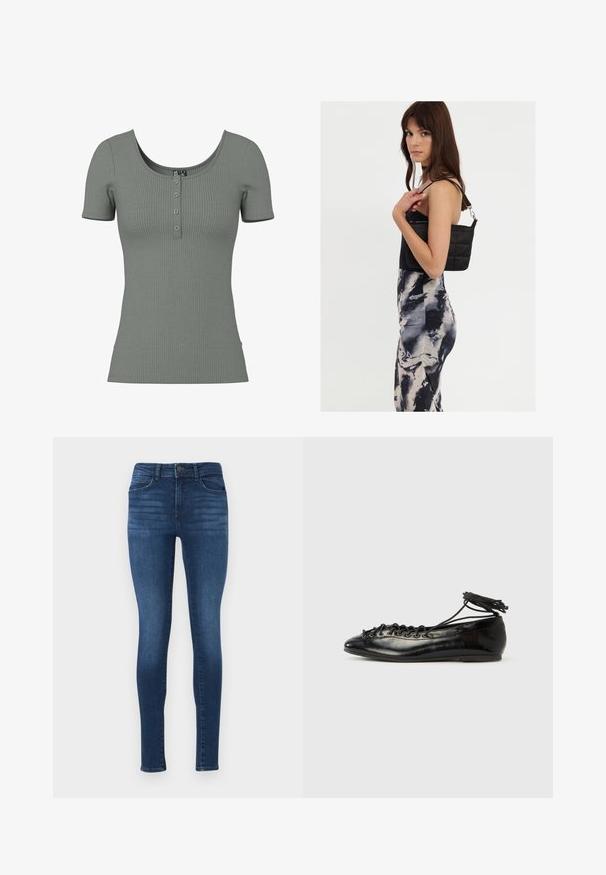 Grünes, geripptes kurzärmliges Oberteil mit einem Rundhalsausschnitt und einer Knopfleiste mit drei Knöpfen. Weiche Textur und taillierte Form; dezente horizontale Rippung.; Dunkelblaue Skinny-Jeans aus Denim, mit hoher Taille, Fronttaschen und einer glatten, leicht ausgebleichten Textur.; Schwarze Ballerinas aus Lackleder mit runder Spitze, Schnürdesign und flacher Sohle. Glatte Textur mit minimaler Verzierung.; Schwarze gesteppte Schultertasche mit einem einzelnen Riemen und silberner Hardware, kombiniert mit einem figurbetonten Kleid im Batikmuster in Schwarz- und Cremetönen.