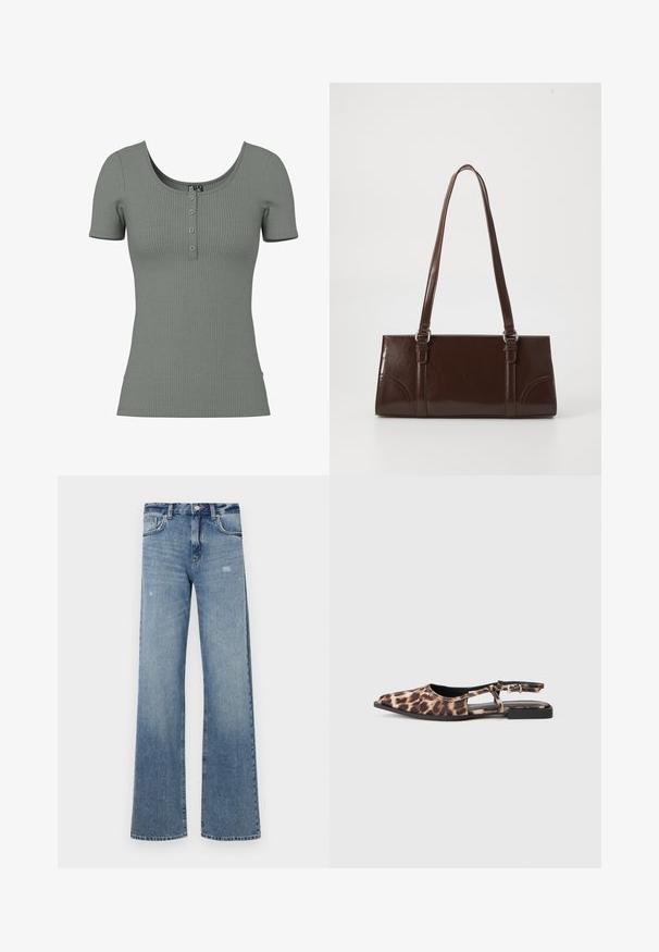 Haut vert à manches courtes côtelé avec un col dégagé et une patte de boutonnage à trois boutons. Texture douce et coupe ajustée ; détail de côtelure horizontale subtile.; Jean en denim bleu clair avec une taille haute, une coupe large, un léger effet usé et une structure classique à cinq poches.; Ballerine à enfiler en imprimé léopard, avec un bout pointu, des côtés ouverts et un petit talon noir. Le matériau semble lisse avec un léger éclat.; Sac à main en cuir verni marron de forme rectangulaire, avec deux longues poignées et des accents courbés subtils à l'avant.