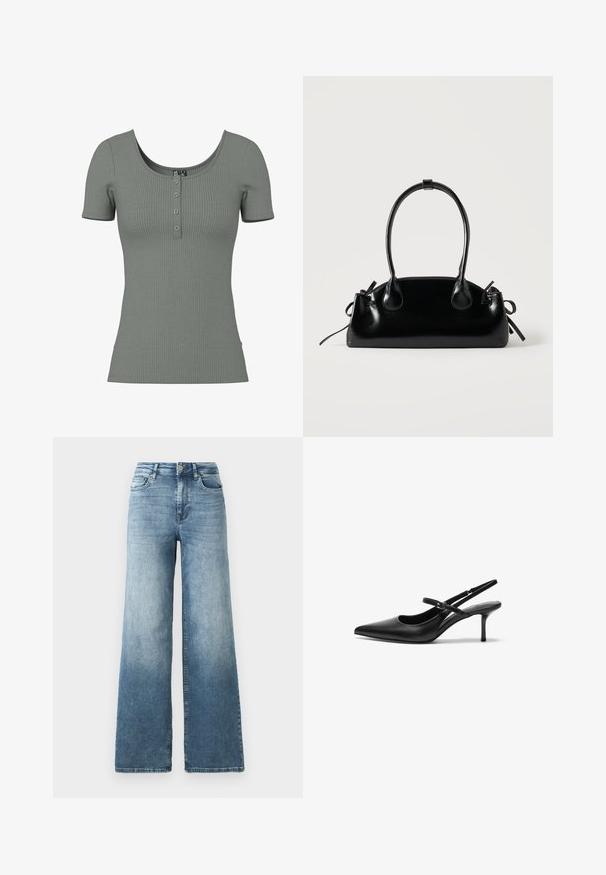 Groene geribde top met korte mouwen, een ronde halslijn en een drieknopenlijst. Zachte textuur en getailleerde vorm; subtiele horizontale ribbel-detail.; Snijdemim jeans met wijde pijpen in een lichtblauwe wassing, voorzien van een hoge taille, vijf-pocketontwerp en subtiele vervaging op de stof. Klassieke metalen knoopsluiting.; Zwarte leren slingback hakken met een puntige neus, slanke verstelbare band en een ongeveer 5 cm hoge stiletto hak, met een gladde textuur.; Kleine zwarte glanzende handtas met twee lange hengsels en zijkant trekkoord details op een effen lichte achtergrond.