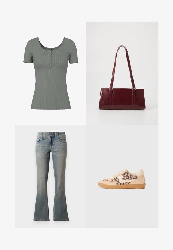 Groene geribde top met korte mouwen, een ronde halslijn en een drieknopenlijst. Zachte textuur en getailleerde vorm; subtiele horizontale ribbel-detail.; Lichtblauwe flared jeans van denim. Bevat twee voorkruiken, een knoopsluiting en subtiele vervaging over de stof.; Luipaardprint sneakers met een beige suède bovenkant, tan rubberen zool en witte accenten. Ronde neus en vetersluiting met een gestructureerde afwerking.; Bourgondische handtas van glanzend materiaal, rechthoekige vorm, met twee schouderbanden en subtiele gebogen accenten aan de voorkant.