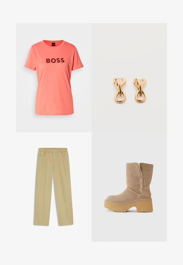 Koraalroze T-shirt met "BOSS" in vette zwarte letters over de voorkant gedrukt. Eenvoudige ronde hals en korte mouwen.; Beige broek met rechte pijpen, elastische tailleband, knoop- en ritssluiting en voorzakken, plat gelegd op een witte achtergrond.; Beige suede laarzen tot halverwege het kalf met een dikke gele plateauzool, voorzien van een zachte, gestructureerde voering en een ronde neus. Eenvoudige buitenkant.; Een paar glanzende oorringen in goudkleur met een lusvormige, gedraaide en verstrengelde ontwerp, afgebeeld op een eenvoudige witte achtergrond.