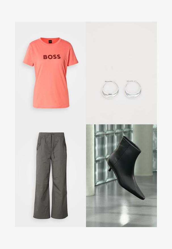 Korallenfarbene T-Shirt mit "BOSS" in fetten schwarzen Lettern auf der Vorderseite bedruckt. Einfacher Rundhalsausschnitt und kurze Ärmel.; Graue weit geschnittene Hose aus leichtem Stoff, mit elastischem Bund, Kordelzug und zwei seitlichen Taschen mit Knopfakzenten.; Schwarzer Leder-Stiefelette mit spitzer Zehenpartie und niedrigem Kitten-Heel, schräg dargestellt vor einem polierten Boden und einer Glasbausteinwand.; Silberne Creolen mit glänzender Oberfläche und DKNY-Logo, vor einem schlichten weißen Hintergrund präsentiert.