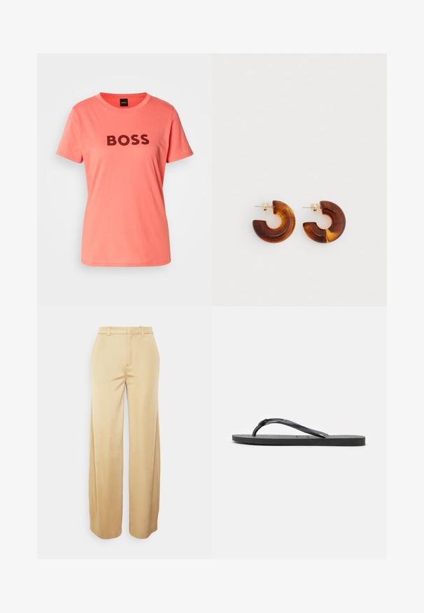 Koraalroze T-shirt met "BOSS" in vette zwarte letters over de voorkant gedrukt. Eenvoudige ronde hals en korte mouwen.; DRYKORN DESK - Broek - gold; Zwarte rubberen slippers met een gestructureerde zool en een Y-vormige band, zijaanzicht op een witte achtergrond.; Bruine acryl hoepel oorbellen met een gekromd ontwerp. Goudkleurige hardware. Glad oppervlak met een glanzende afwerking.