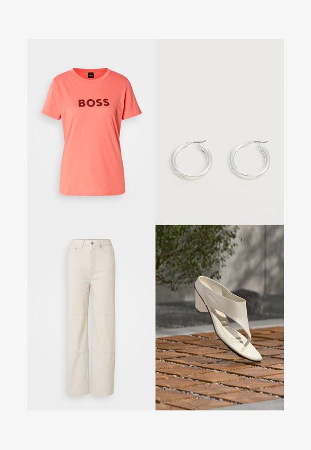 Koraalroze T-shirt met "BOSS" in vette zwarte letters over de voorkant gedrukt. Eenvoudige ronde hals en korte mouwen.; Lichtbeige wijde jeans gemaakt van katoen. Heeft een hoge taille, een knoopsluiting aan de voorkant en twee horizontale naadaccenten op de benen.; Witte leren sandalen met hak, brede band en teenstuk, buiten tentoongesteld op een houten en kiezel betegeld oppervlak met groen op de achtergrond.; Een paar middelgrote glanzende zilveren oorringen met dunne metalen sluitingen op een lichte neutrale achtergrond.