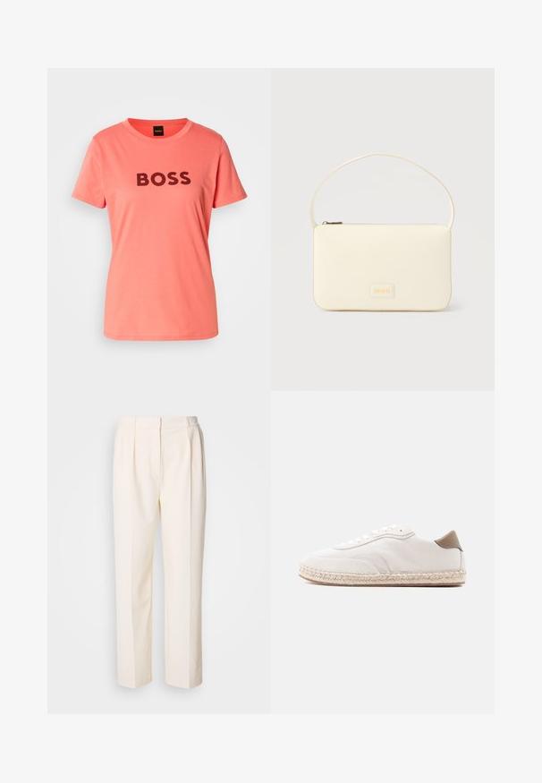T-shirt rose corail avec "BOSS" imprimé en lettres noires en gras sur le devant. Col rond simple et manches courtes.; Lacoste Pantalon classique - lapland; Baskets blanches avec une tige en daim, des accents beiges et une semelle en jute tressé. Elles sont équipées de lacets plats et arborent un logo de marque sur le côté.; Sac à main rectangulaire de couleur crème avec une seule sangle et une fermeture éclair sur le dessus, comportant une petite plaque de logo embossé à l'avant.