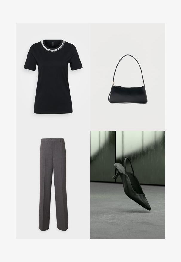 Schwarzes T-Shirt mit kurzen Ärmeln und einem dekorativen, mit Perlen verzierten Ausschnitt. Aus weichem Material gefertigt, mit normaler Passform und rundem Saum.; Dunkelgraue, formelle Hose mit geradem Bein, Knopf- und Reißverschluss, Gürtelschlaufen und Bügelfalten an der Vorderseite jedes Beins.; Schwarzer Slingback-Highheel aus Leder mit spitzer Schuhspitze, schwebt über grauem Teppichboden, unscharfer grünlicher Wandhintergrund.; Schwarze rechteckige Handtasche mit dünnem Riemen und Reißverschluss, vor einem schlichten weißen Hintergrund.