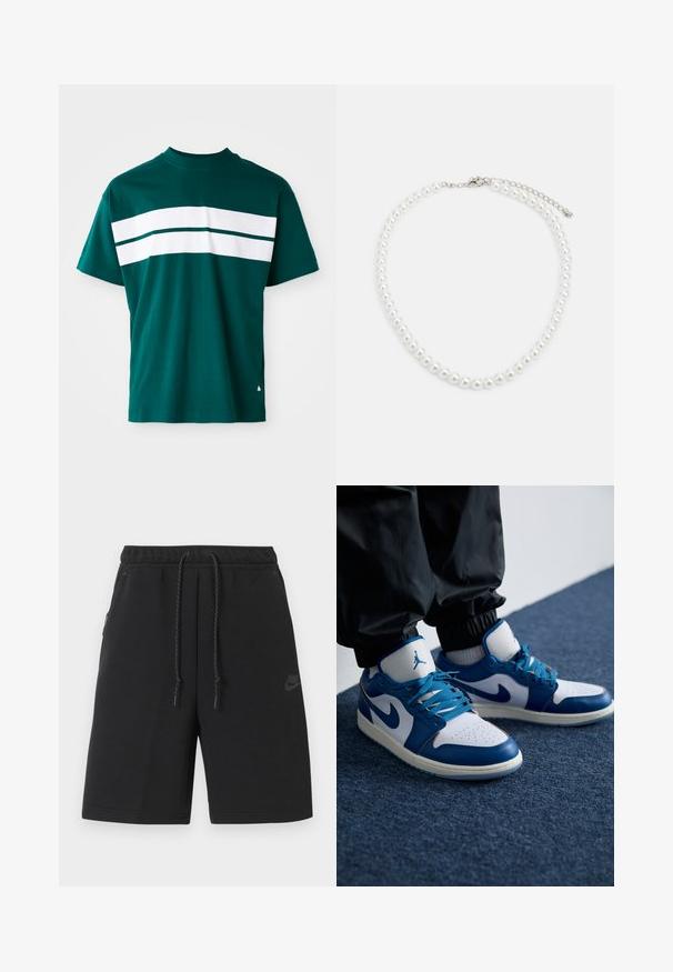 Teal bomulds t-shirt med rund hals, korte ærmer og vandrette hvide striber over brystet. Let afslappet pasform.; Sorte Nike sportsshorts med elastisk talje, snøre, sidelommer og diskret logo på venstre lår.; Nike Air Jordan sneakers har en hvid læderbase med blå syntetiske detaljer, en perforeret tåboks og blå snørebånd.; Hvid perlekæde med ensartet rund form, glat overflade og metalspænde med forlængerkæde for justerbar længde.