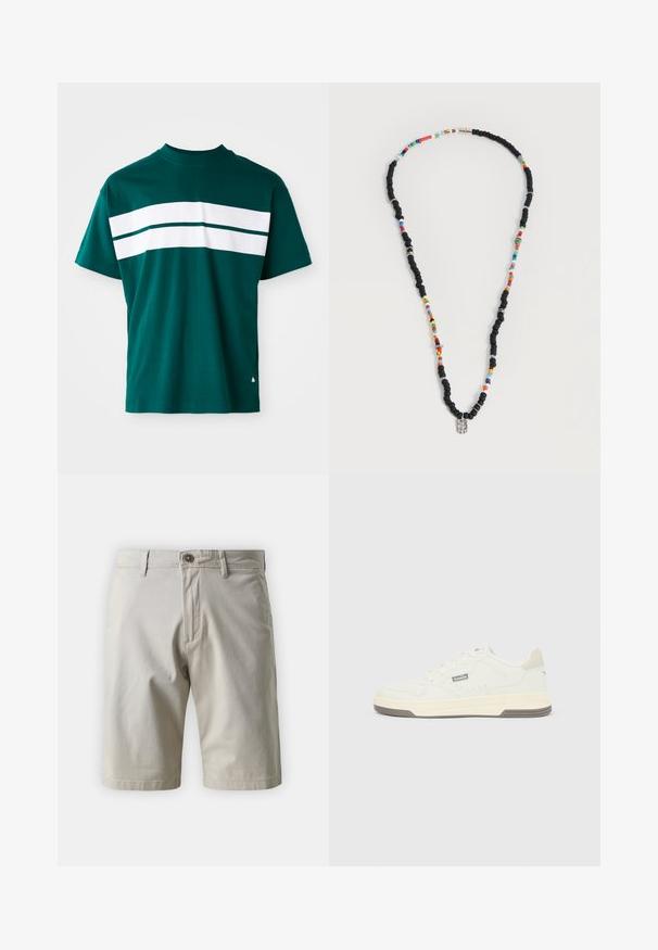 Teal bomulds t-shirt med rund hals, korte ærmer og vandrette hvide striber over brystet. Let afslappet pasform.; Beige bomulds shorts med klassisk snit, med lynlås og knaplukning samt to sidelommer. Glat tekstur og rent design.; Off-white lave sneakers med snørelukning foran, polstret krave, diskret syning, gummisål med grå accenter og lille mærketag på siden.; Halskæde med vekslende sorte og flerfarvede perler, med små sølvringe og en rektangulær klar perlevedhæng.