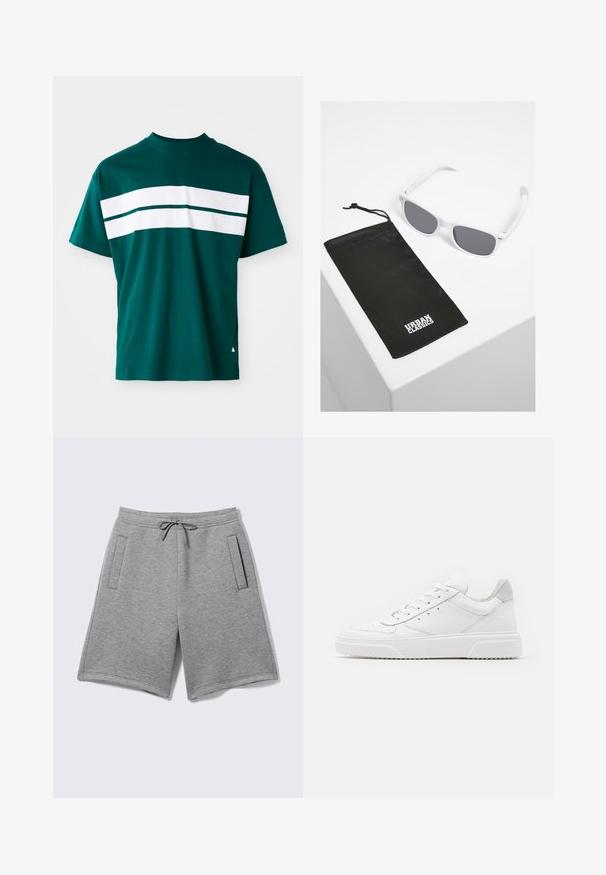 Teal bomulds t-shirt med rund hals, korte ærmer og vandrette hvide striber over brystet. Let afslappet pasform.; Lysegrå casual shorts med justerbar snøre i taljen og to vertikale sidelommer på ensfarvet baggrund.; Hvide lædersneakers med en glat finish, rund tå, flade snørebånd og en struktureret sål. Grå ruskindsdetalje ved hælen.; Hvide plastiksolbriller med grå linser ved siden af en sort stofpose med et hvidt "URBAN CLASSICS" logo i fed skrift.