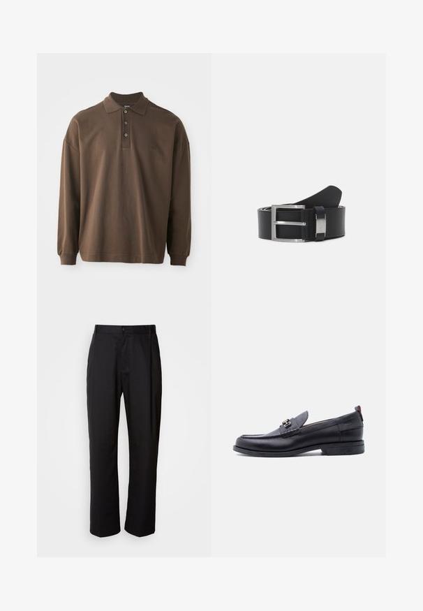 Polo à manches longues marron avec un col, trois boutons et des poignets côtelés. Fabriqué en coton doux avec une coupe décontractée.; Pantalon noir à coupe droite, en tissu léger. Il dispose d'une fermeture à bouton sur le devant et de deux poches latérales ; texture lisse.; Mocassin en cuir noir avec empeigne texturée grise, détail boucle en métal argenté, petit talon et languette à l'arrière.; Ceinture en cuir noir avec une boucle en métal argenté au design à double ardillon. Texture lisse et forme rectangulaire classique.