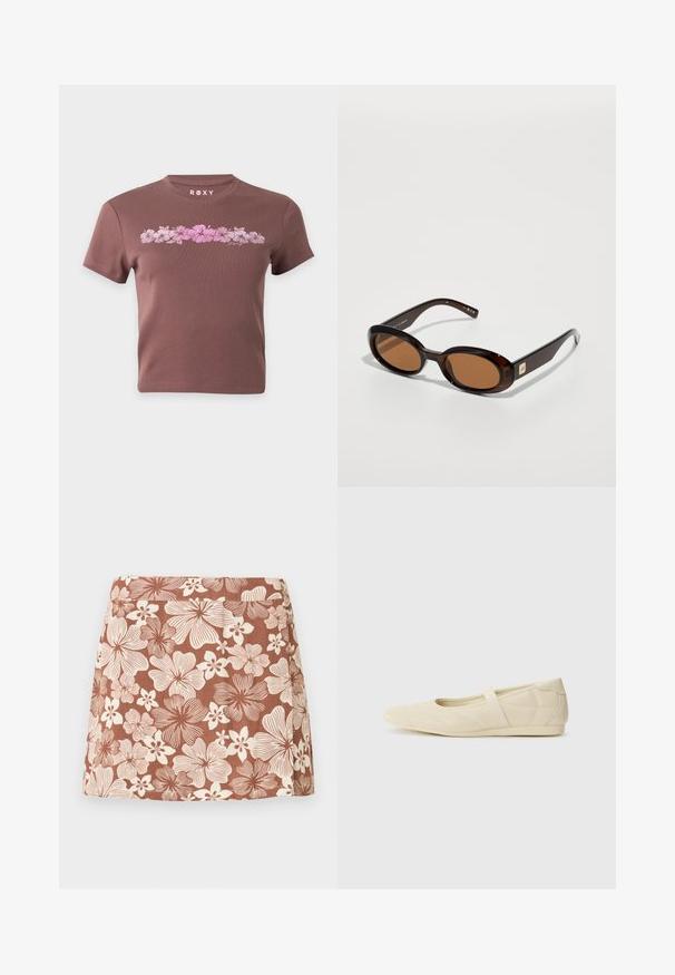 Καφέ cropped T-shirt με κοντά μανίκια, που διαθέτει οριζόντια σειρά ροζ λουλουδιών ιβίσκου και το όνομα της μάρκας Roxy πάνω από το σχέδιο.; Καφέ κοντή φούστα με λευκό λουλουδένιο σχέδιο που χαρακτηρίζεται από μεγάλα και μικρά λουλούδια σε επαναλαμβανόμενο μοτίβο πάνω σε λείο ύφασμα.; Μπεζ μπαλαρίνες με λείο δέρμα εξωτερικά, αμυγδαλωτό τελείωμα, και ελαστική λωρίδα που διασχίζει το επάνω μέρος του ποδιού, με διακριτές ραφές.; Καφέ καμελιά γυαλιά ηλίου με οβάλ φακούς, διαθέτοντας λεπτό σκελετό και μικρή μεταλλική λεπτομέρεια στην πλευρά. Υφή και γυαλιστερή φινίρισμα.