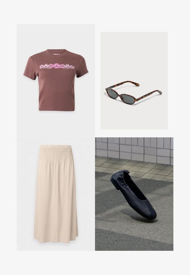 T-shirt marron court avec manches courtes, présentant une rangée horizontale de fleurs d'hibiscus roses et le nom de la marque Roxy au-dessus du motif.; Jupe beige longueur genou avec taille élastique froncée et tissu droit légèrement fluide.; Ballerine en cuir noir avec un dos élastiqué reposant sur un pavement extérieur texturé avec un mur carrelé en arrière-plan.; Petites lunettes de soleil ovales en écaille avec des verres foncés reposant sur une surface gris clair.