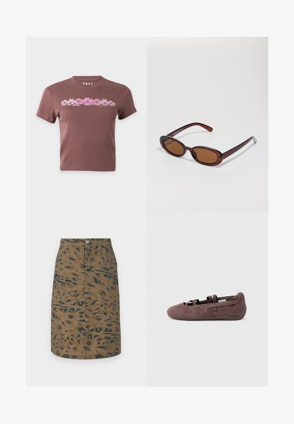 Καφέ cropped T-shirt με κοντά μανίκια, που διαθέτει οριζόντια σειρά ροζ λουλουδιών ιβίσκου και το όνομα της μάρκας Roxy πάνω από το σχέδιο.; Καφέ φούστα μέχρι το γόνατο με σκοτεινό αφηρημένο ζωικό σχέδιο, με κουμπιά μπροστά και ελαστική μέση, τοποθετημένη επίπεδα σε λευκό φόντο.; Καφέ σουέτ μπαλαρίνα με ελαστικούς ιμάντες και υφασμένο πάτο, εμφανιζόμενη σε πλάγια όψη σε απλό φωτεινό φόντο.; Στρογγυλά, καφέ-χρωματιστά γυαλιά ηλίου με γυαλιστερή μπορντώ σκελετό. Λεπτά πόδια με διακριτική λεπτομέρεια λογότυπου. Σχεδίαση επίπεδου φακού.