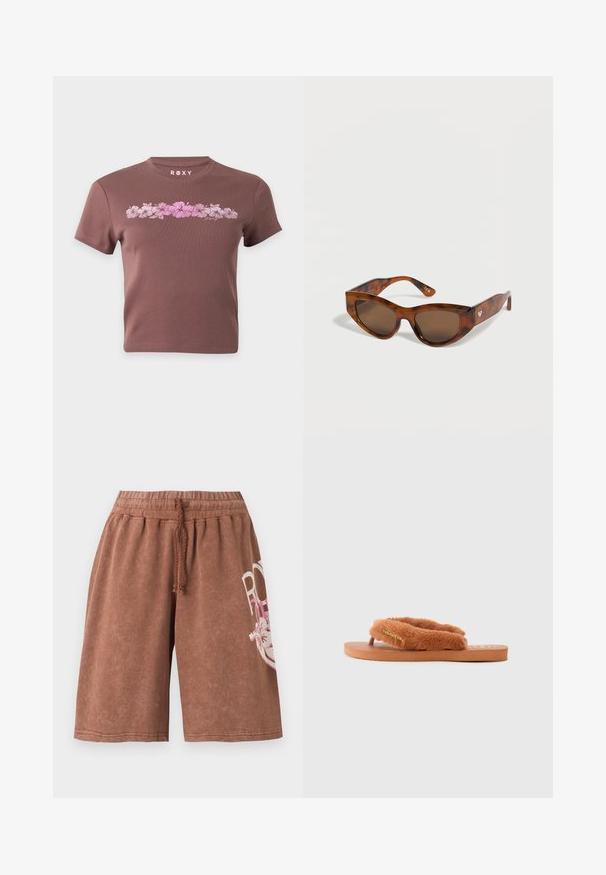 T-shirt marron court avec manches courtes, présentant une rangée horizontale de fleurs d'hibiscus roses et le nom de la marque Roxy au-dessus du motif.; Shorts marron jusqu'au genou avec taille élastique et cordon, avec un motif textuel floral blanc et rose partiel sur la jambe droite.; Tongs moelleuses brunes avec de larges sangles et un semelle texturée. Présente un accent de logo en or. La semelle est plate et en caoutchouc.; Lunettes de soleil œil de chat écaille marron avec des verres foncés posées sur une surface blanche, inclinées pour montrer une branche.