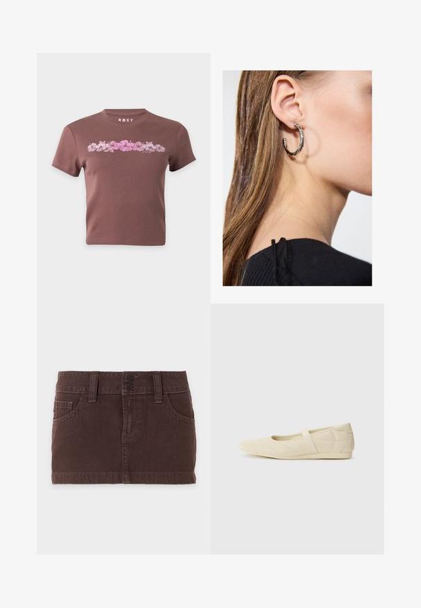 T-shirt marron court avec manches courtes, présentant une rangée horizontale de fleurs d'hibiscus roses et le nom de la marque Roxy au-dessus du motif.; Mini-jupe en denim marron avec poches avant, passants de ceinture et double fermeture à boutons sur un fond clair uni.; Ballerines beiges avec une exterior en cuir lisse, un bout en forme d'amande et une sangle élastique sur le coup de pied, avec des détails de couture subtils.; Boucle d'oreille en argent avec une finition polie, présentant de petits détails en or et de forme ronde, portée sur le lobe.