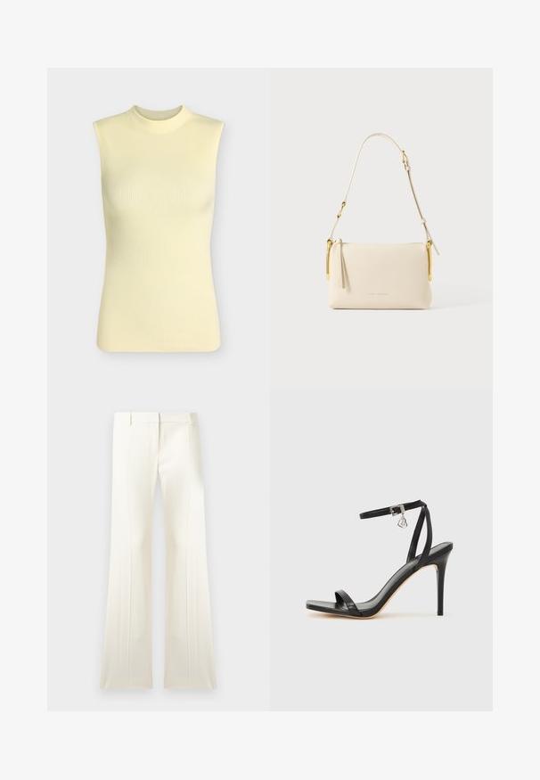 Top sans manches en maille côtelée jaune pâle avec un col rond montant, silhouette ajustée et tissu doux texturé.; Pantalon blanc taille haute, à jambes larges, avec plis sur le devant, passants pour ceinture et fermeture éclair dissimulée à l'avant.; Sandale à talon haut noire avec une bride étroite à la cheville, bout carré, cuir lisse et accent de boucle métallique.; Sac à main rectangulaire couleur crème avec bandoulière réglable et détails métalliques dorés, avec un logo Marc Jacobs discret sur le devant.
