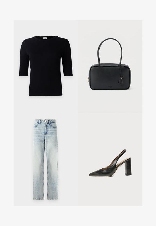 T-shirt noir à côtes avec un col rond et des manches trois-quarts. Le tissu a une texture lisse et une ligne d'ourlet droite. Pas de marque visible.; Jeans taille haute bleu clair en denim. Conception à jambe droite avec un léger dégradé, cinq poches et fermetures à bouton en métal.; Chaussure slingback en cuir noir à bout pointu avec un talon bloc haut et une doublure intérieure beige sur un fond clair uni.; Sac à main rectangulaire noir avec doubles poignées arrondies, fermeture éclair dorée et logo "HUGO" embossé sur le devant avec une étiquette en cuir attachée.