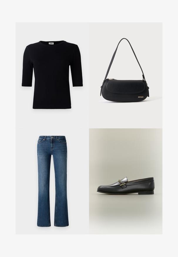 T-shirt noir à côtes avec un col rond et des manches trois-quarts. Le tissu a une texture lisse et une ligne d'ourlet droite. Pas de marque visible.; Jeans en denim bleu foncé avec un design à jambe évasée, présentant des décolorations subtiles et des détails usés près des cuisses et des genoux.; Mocassin en cuir noir avec dessus argenté, détail de chaîne dorée, petit talon et bout arrondi sur fond neutre.; Sac à épaule en cuir noir avec rabat incurvé, logo doré "HUGO" sur le devant, et une bandoulière réglable.
