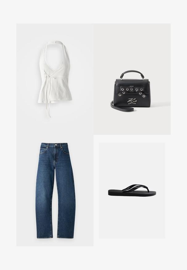 Haut à bretelles blanc en tissu doux. Dispose d'un décolleté plongeant, d'un design enroulé et d'un lien ajustable à la taille. Texture lisse, style décontracté.; Jean en denim bleu à taille haute, à jambe droite, avec des coutures visibles, cinq poches et une fermeture à bouton. Finition classique délavée foncée.; Tongs en caoutchouc noir avec semelle texturée et bride en forme de Y, arborant un logo de marque discrètement embossé sur le côté.; Sac à main en cuir noir avec poignée supérieure, détail de sangle à œillet métallique, emblème du logo métallique argenté et bandoulière amovible sur fond blanc.