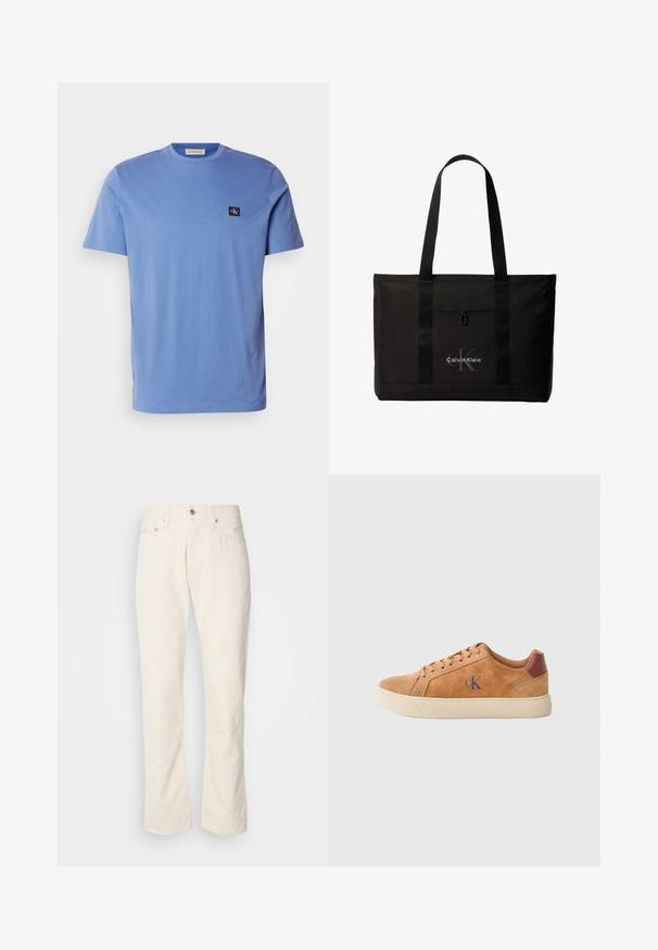 Camiseta de algodón azul claro de manga corta con cuello redondo, que presenta un pequeño parche de logotipo azul marino en el lado izquierdo del pecho. Textura suave.; Jeans de algodón color beige con un diseño clásico de pierna recta, que cuentan con un cierre frontal de botón, cinco bolsillos y detalles de costura sutiles.; Zapatilla de ante color canela con suela de goma beige, con acentos marrones y un pequeño logo azul en el costado. Diseño clásico con cordones.; Bolso tote negro de Calvin Klein con dos asas largas y bolsillo delantero, con el logo de la marca en blanco y gris.