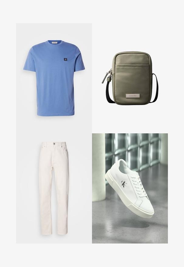 Camiseta de algodón azul claro de manga corta con cuello redondo, que presenta un pequeño parche de logotipo azul marino en el lado izquierdo del pecho. Textura suave.; Jeans de denim blanco de pierna recta con cierre de botón y cremallera, lazos para cinturón y bolsillos delanteros y traseros, mostrados sobre un fondo liso.; Zapatilla blanca Calvin Klein con cordones, mostrada flotando sobre un suelo de cemento pulido y un fondo de pared de bloques de vidrio.; Bolso bandolera compacto verde oliva con bolsillo frontal, correa negra ajustable, cierre de cremallera y placa con el logo de Calvin Klein.