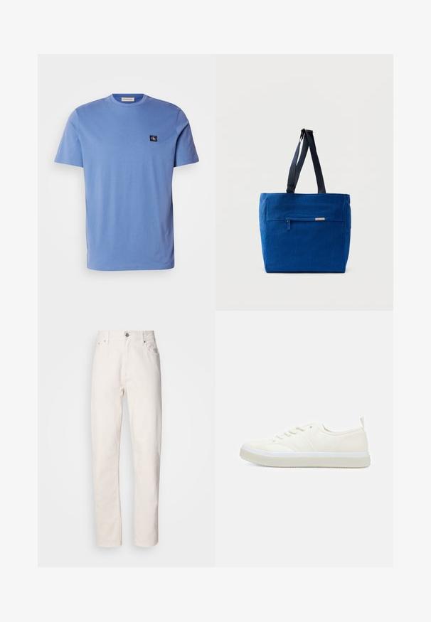 Helles blauen Baumwoll-T-Shirt mit kurzen Ärmeln und rundem Ausschnitt, das ein kleines dunkelblaues Logo-Patch auf der linken Brust trägt. Glatte Textur.; Weiße Denim-Jeans mit geradem Bein, Knopf- und Reißverschluss, Gürtelschlaufen sowie Vorder- und Hintertaschen, auf einfarbigem Hintergrund gezeigt.; Calvin Klein TOP LACE UP UNIFIT - Sneaker low - salt bay; Blaue Canvas-Einkaufstasche mit einer vorderen Reißverschlusstasche, doppelten Schulterriemen und rechteckiger Form. Verfügt über ein dezentes Markenlabel.