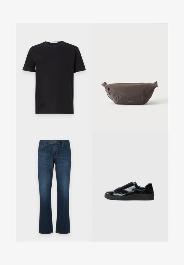 Sort bomulds T-shirt med rund hals, korte ærmer og en glat tekstur. Har et synligt mærkeetiket ved halsudskæringen.; Mørkeblå denimjeans med lige ben-design, fem lommer og metalknap-lukning. Glat tekstur med subtil falming.; Sorte laklæder sneakers med rund tå, snørredesign, tekstureret gummisål og en glat overflade.; Mørkebrun stof talje taske med diagonalt lynlåslomme og lille hvidt logo på fronten, sat mod en ensfarvet lys baggrund.