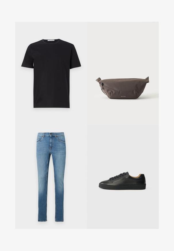 Zwarte katoenen t-shirt met een ronde hals, korte mouwen en een gladde textuur. Heeft een zichtbaar merketiket bij de hals.; Lichtblauwe spijkerbroek met rechte pijpen, voorzien van een knoopsluiting aan de voorkant, vijf zakken en contrasterende stikseldetails.; Zwarte lage leren sneaker met gestructureerd oppervlak, zwarte veters en dikke rubberen zool, zijaanzicht op een lichte achtergrond.; Donkerbruine stoffen heuptas met diagonale ritssluiting en klein wit logo aan de voorkant, tegen een effen lichte achtergrond.