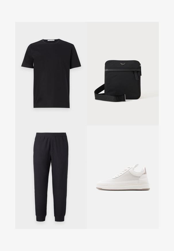 Schwarzes Baumwoll-T-Shirt mit rundem Halsausschnitt, kurzen Ärmeln und glatter Textur. Verfügt über ein sichtbares Markenetikett am Halsausschnitt.; Schwarze, verjüngte Sweatpants mit elastischem Bund und Bündchen, mit subtil strukturiertem Muster und seitlichen Taschen.; Weißer Sneaker mit niedrigem Schaft, strukturiertem Seitenteil, gepolstertem Kragen, Schnürverschluss vorne und "Filling Pieces"-Branding am Sohlenrand.; Schwarze quadratische Schultertasche mit Reißverschluss, Vordertasche und verstellbarem Riemen mit eingeprägtem Markennamen.