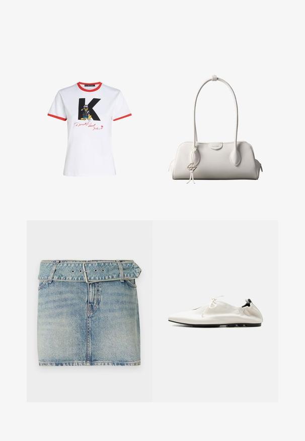Camiseta de algodón blanca con cuello y dobladillos de mangas rojos. Presenta un gráfico de un 'K' negro y Pato Donald con una firma en rojo.; Minifalda de mezclilla con un lavado azul claro, que presenta una cintura con cinturón y hebilla de metal, cinco bolsillos y un ligero desvanecimiento para dar textura.; Zapato minimalista blanco de piel tipo slip-on con tacón remangado, cierre con cordones y suela negra fina sobre fondo liso.; Bolso de hombro blanco de Calvin Klein con asas largas, forma rectangular, cierre de cremallera y charm decorativo con el logo colgando cerca del asa.